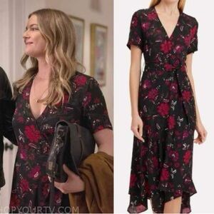 A.L.C. Cora Silk Floral Wrap Black Midi Dress 6